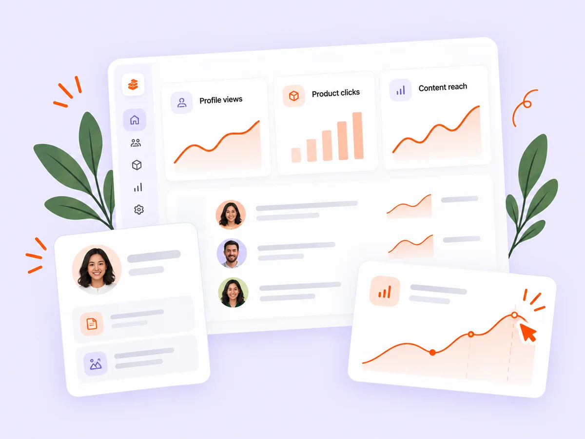 Illustration of founder, product, and content analytics charts