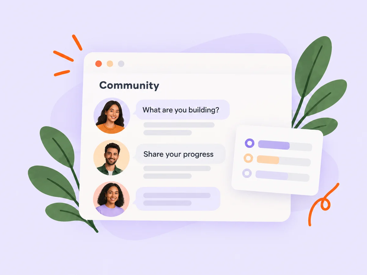 Illustration of a community room with founder conversations and a poll