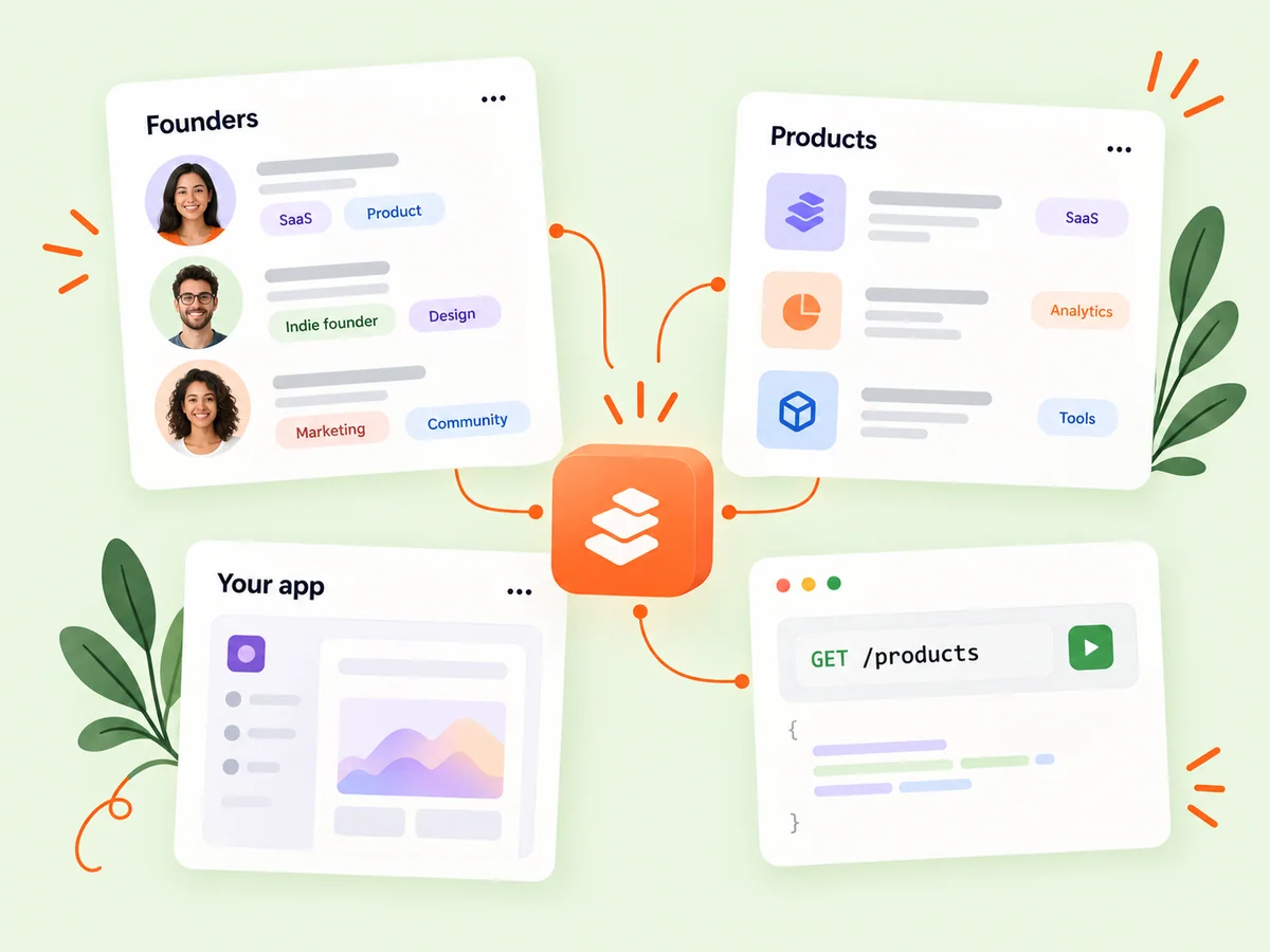 Illustration of the Buildside API connecting founders, products, and an application