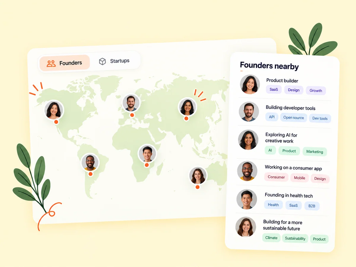 Illustration of founder and startup discovery on a city-level map