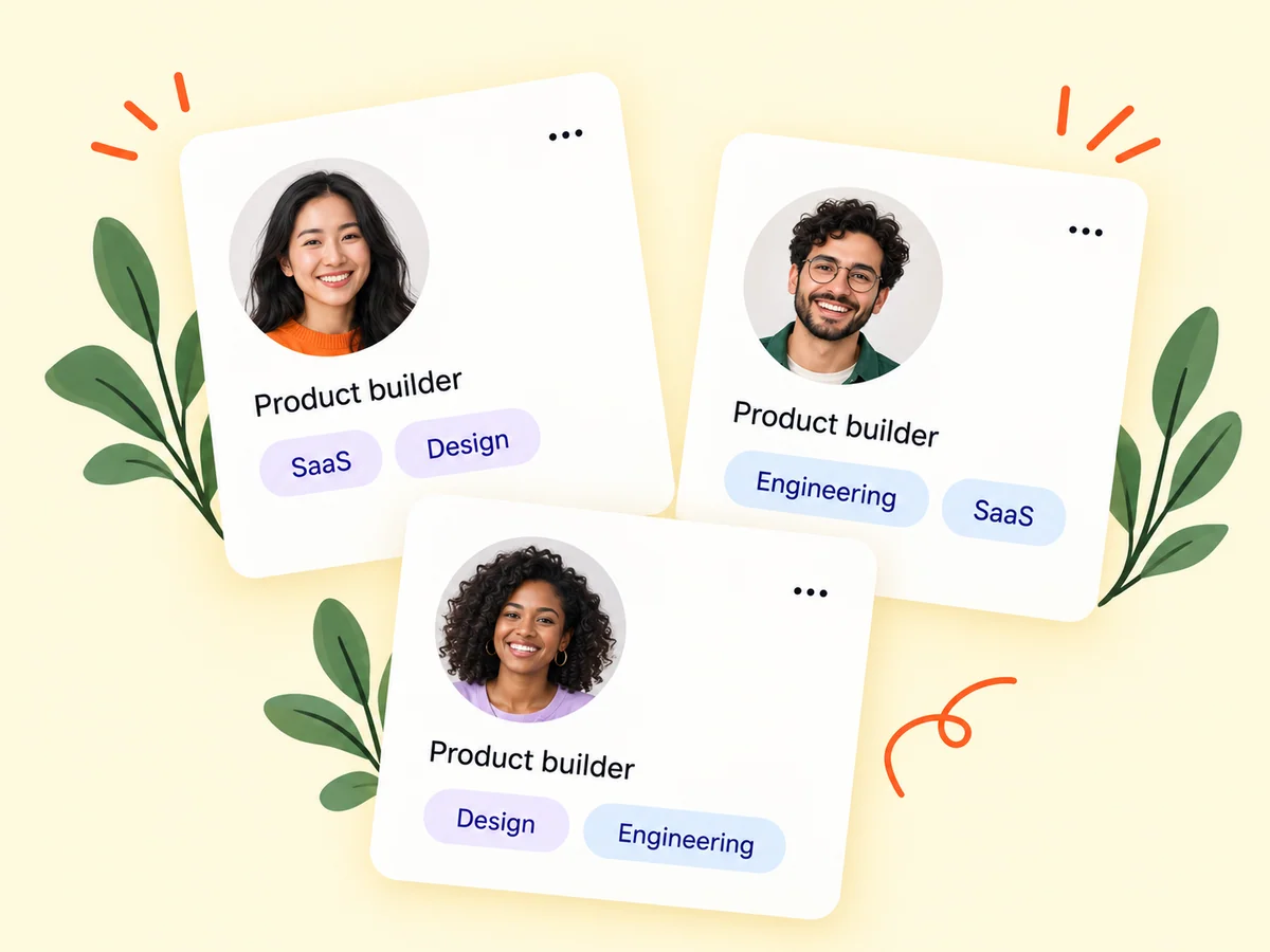Illustration of founder profiles with product and expertise tags