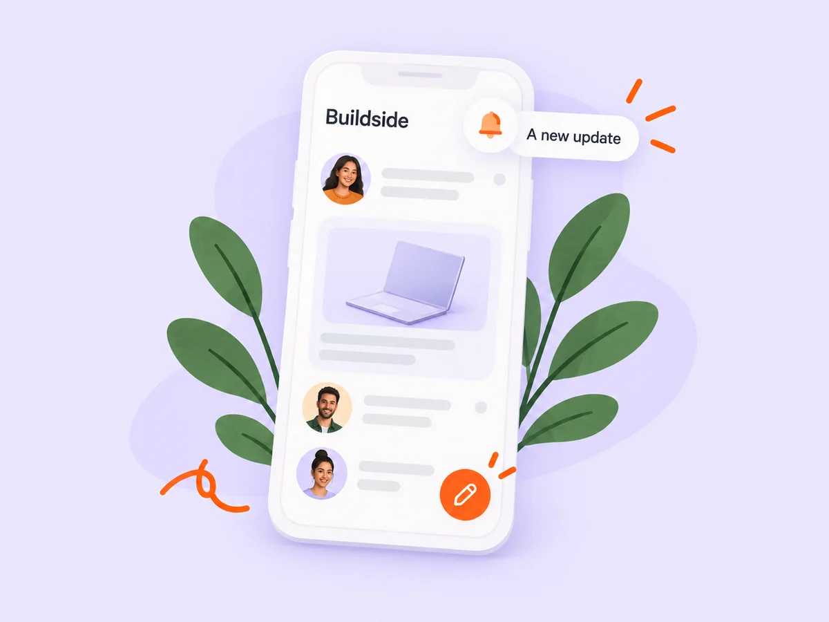 Illustration of the Buildside founder feed on a phone with a notification