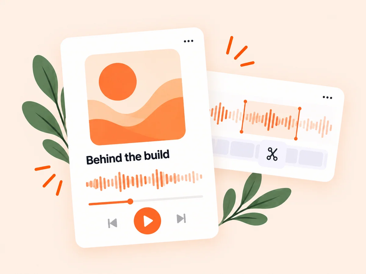 Illustration of a founder podcast player and audio-editing waveform