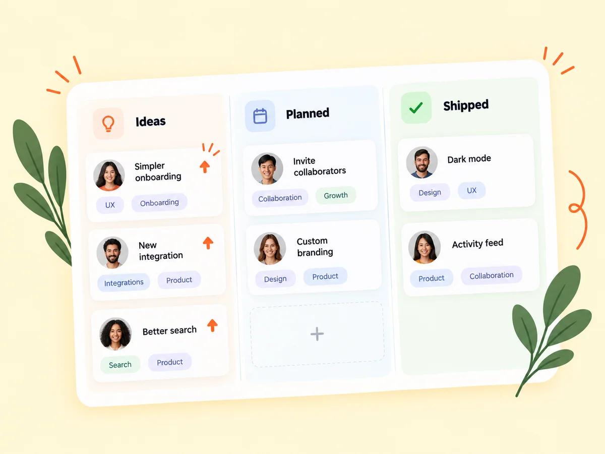 Illustration of a product feedback board with ideas, planned work, and shipped updates