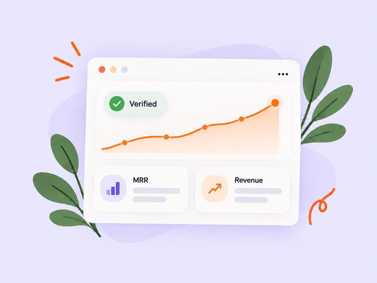 Illustration of a product revenue dashboard with a verified badge and growth chart
