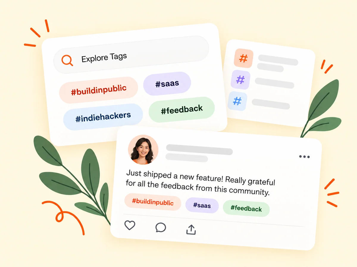 Illustration of searchable build-in-public and SaaS hashtags