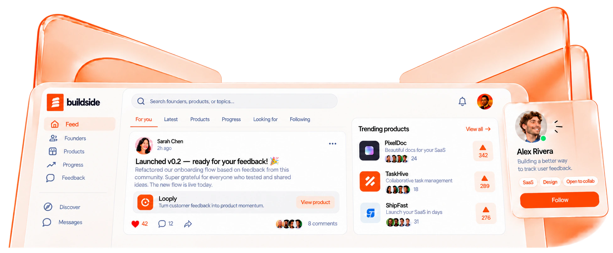 Buildside community interface illustration with a founder feed, trending products, and a founder profile, framed by translucent orange glass panels